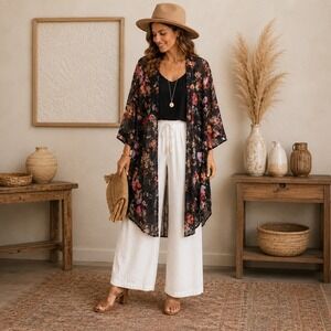 BlueTime Womens M Sheer Floral Kimono Cardigan Black Chiffon Open Front